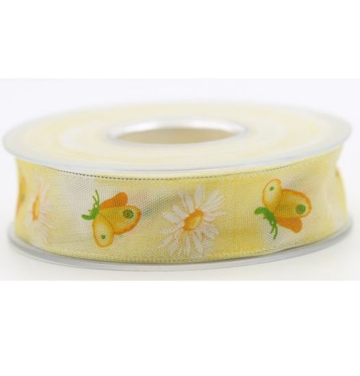 Panglica cu sarma pe margini si model imprimat, latime 25 mm - Yellow Summer