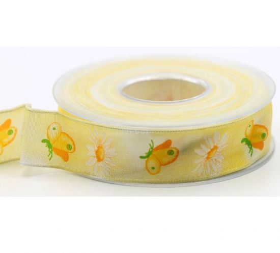 Panglica cu sarma pe margini si model imprimat, latime 25 mm - Yellow Summer