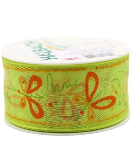 Panglica organza cu model imprimat si cu sarma pe margini, latime 40 mm - Green Butterflies
