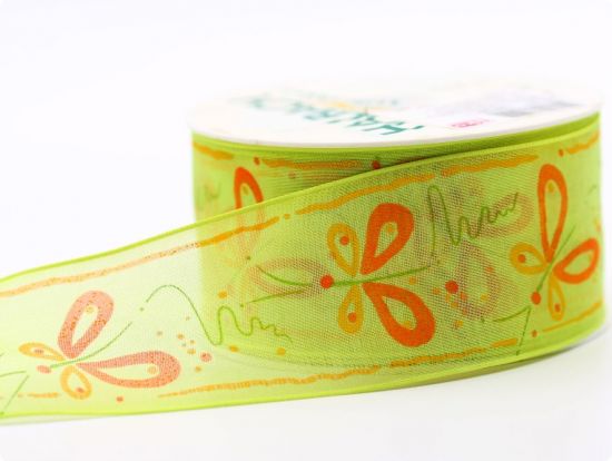 Panglica organza cu model imprimat si cu sarma pe margini, latime 40 mm - Green Butterflies