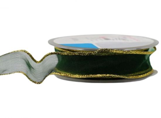 Panglica din organza cu sarma pe margini, latime 25 mm, margini aurii - Green Gold