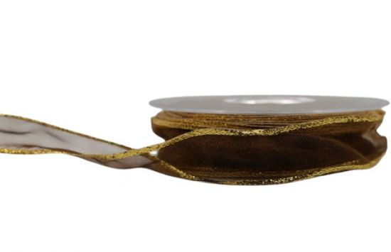 Panglica din organza cu sarma pe margini, latime 25 mm, margini aurii - Brown Gold