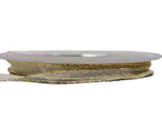 Panglica din organza, latime 10 mm, margini aurii - White Gold
