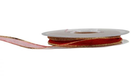 Panglica din organza, latime 10 mm, margini aurii - Red Gold