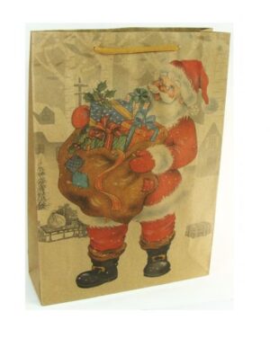 Punga cadouri hartie craft, Mos cu sacul in brate - 42 x 31,5 x 9,5 cm