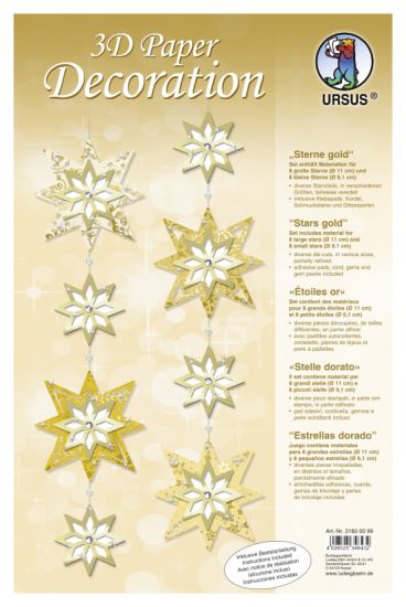 Set Paper 3D Decoration Stars - Gold