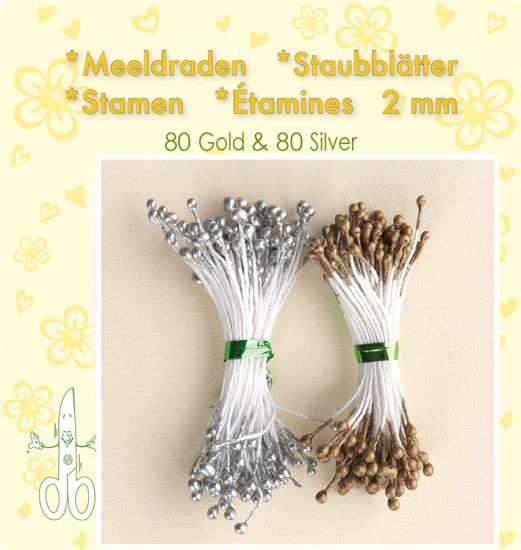 Set 80 + 80 stamine cu cap de 2 mm, pentru flori - Gold & Silver pearl