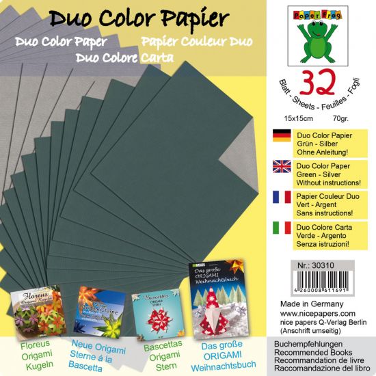Set 32 coli hartie origami, 15 x 15 cm, 70 g/m2 - Duo Color Paper Green/Silver