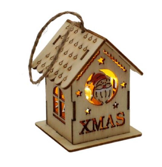 Ornament casuta din lemn natur, cu lumina - Xmas - Mos Craciun