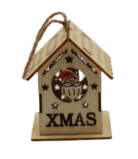 Ornament casuta din lemn natur, cu lumina - Xmas - Mos Craciun