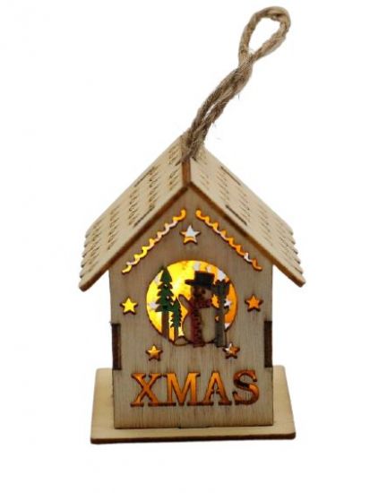 Ornament casuta din lemn natur, cu lumina - Xmas - Om de zapada