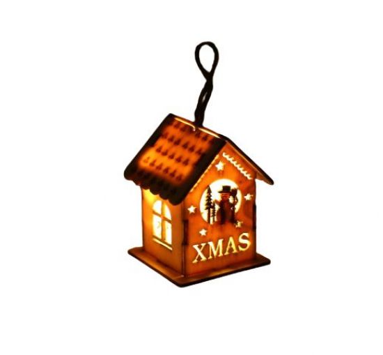 Ornament casuta din lemn natur, cu lumina - Xmas - Om de zapada