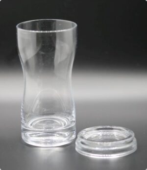Pahar 14,5 cm din sticla, cu suport care poate fi si capac, 300 ml