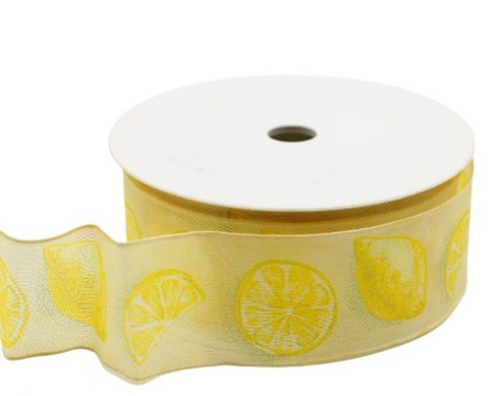 Panglica cu model imprimat si cu sarma pe margini, latime 25 mm - Lemmon/ Cream