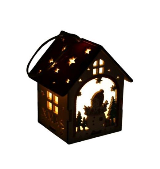 Ornament casuta colorata, din lemn, cu lumina - Om de zapada cu caciula si Xmas