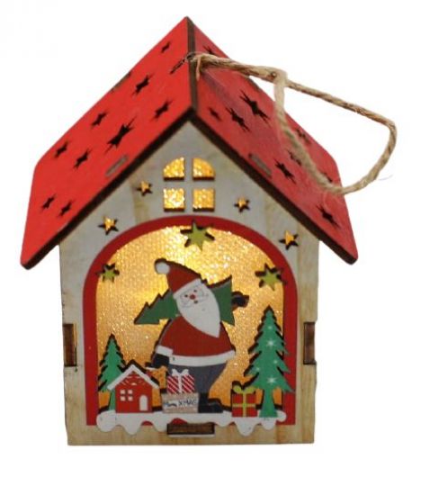 Ornament casuta colorata, din lemn, cu lumina - Mos cu cadouri si casuta