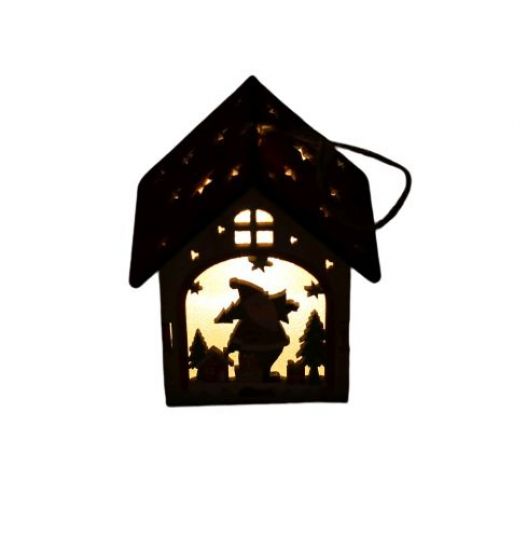 Ornament casuta colorata, din lemn, cu lumina - Mos cu cadouri si casuta
