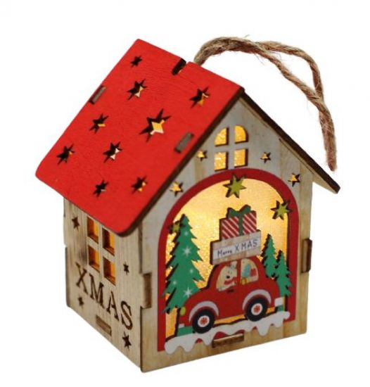 Ornament casuta colorata, din lemn, cu lumina - Ren cu masina