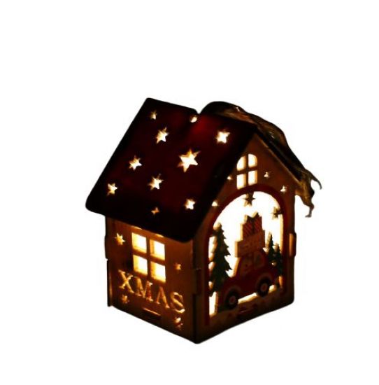 Ornament casuta colorata, din lemn, cu lumina - Ren cu masina