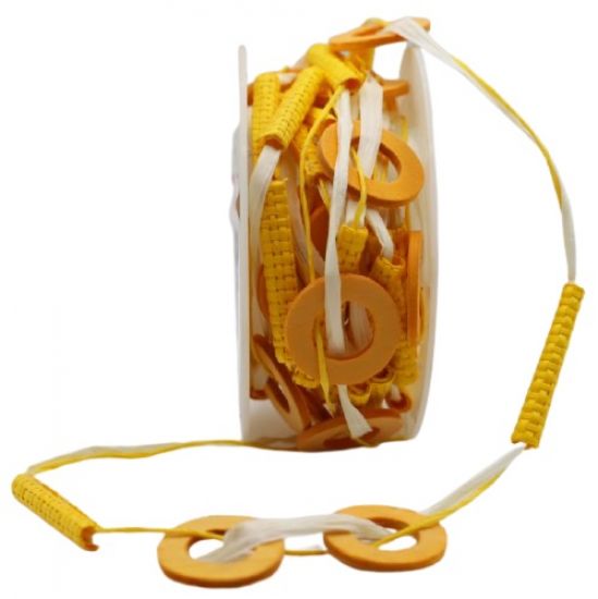 Panglica din fir de hartie rasucita, cu inele din lemn si plasa din paie naturale, 4 m - Yellow