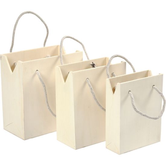 Set 3 cutii tip geanta cu manere, din lemn