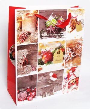 Punga cadouri rosie tag cu Frohe Weihnachten - 32 x 26 x 10,5 cm