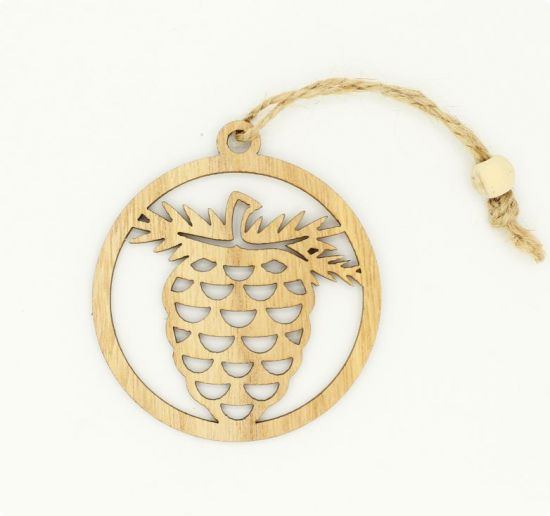 Ornament de brad, rotund, din lemn, cu sfoara - Ghinda