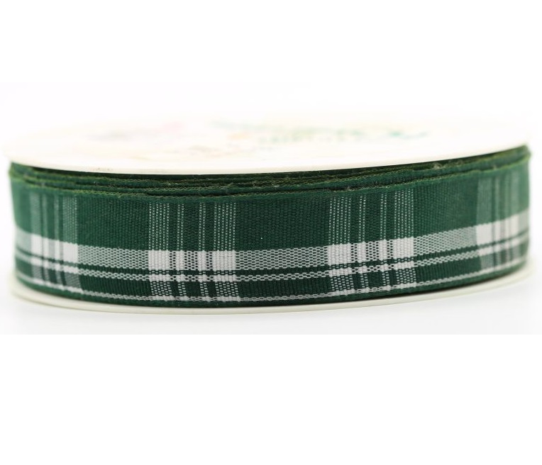 Panglica ripsata cu model, latime 25 mm - Plaid White - Green - imagine 2