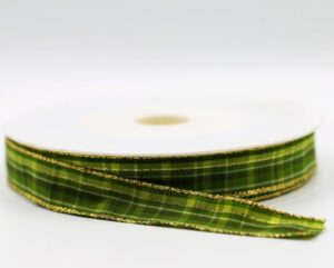 Panglica din poliester cu sarma pe marginile aurii, latime 15 mm - Plaid Green