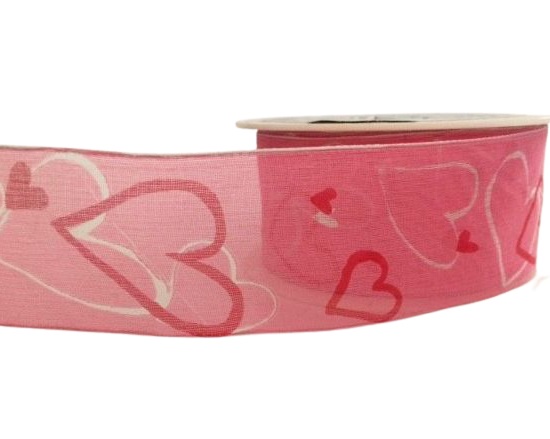 Panglica din organza cu model imprimat si cu sarma pe margini, latime 40 mm - Hearts Rosa