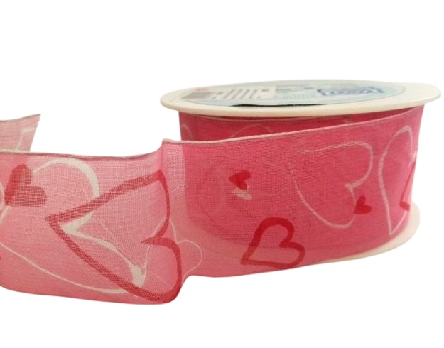 Panglica din organza cu model imprimat si cu sarma pe margini, latime 40 mm - Hearts Rosa