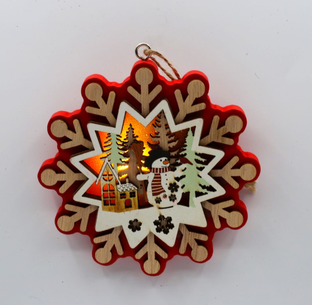 Fulg rosu din lemn, cu ornament colorat si lumina