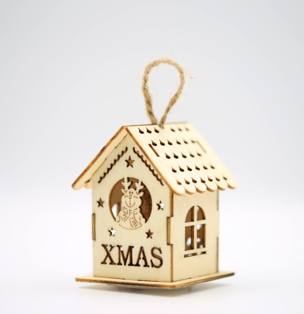 Ornament casuta din lemn natur, cu lumina - Xmas - Ren