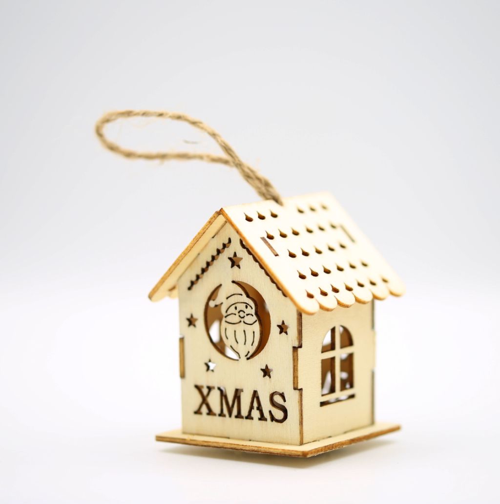 Ornament casuta din lemn natur, cu lumina - Xmas - Mos Craciun