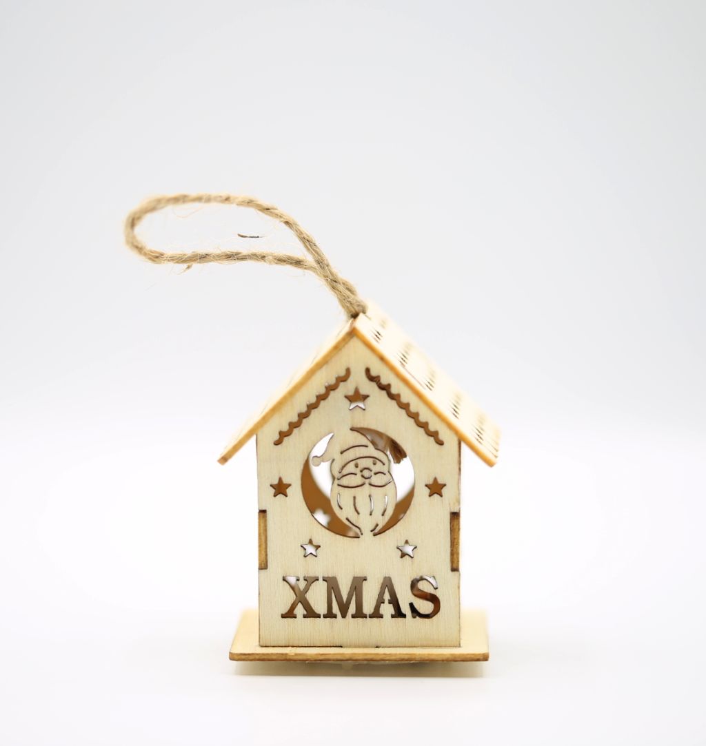 Ornament casuta din lemn natur, cu lumina - Xmas - Mos Craciun