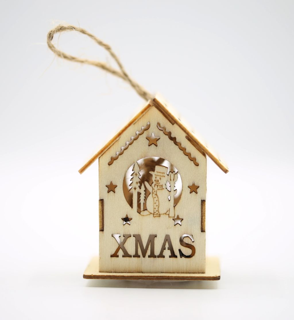 Ornament casuta din lemn natur, cu lumina - Xmas - Om de zapada