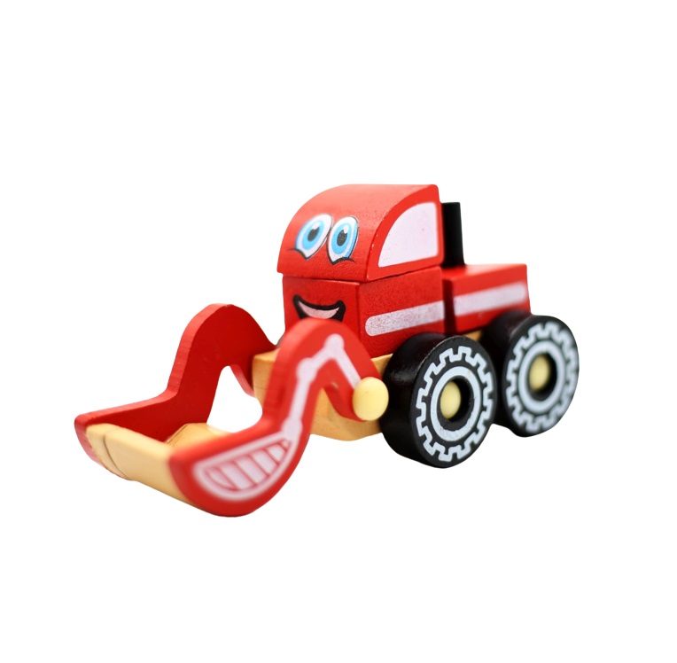 Masinuta cuburi, buldozer rosu, cu scafa