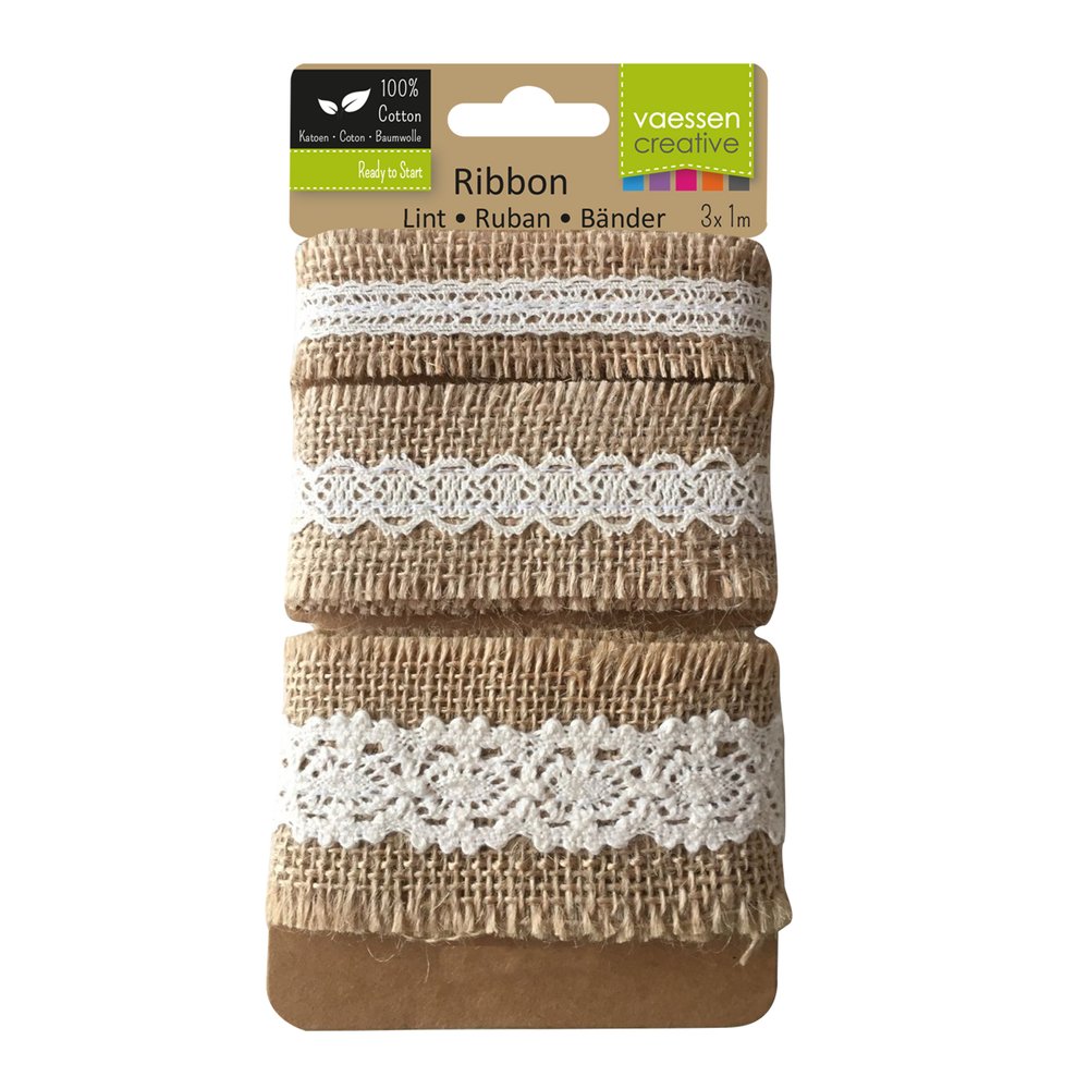 Set panglici din iuta cu dantela aplicata, 3 x 1m