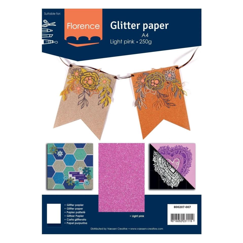 Carton 250g A4 cu sclipici, Florence Glitter Cardstock Light Pink