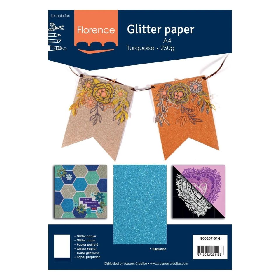 Carton 250g A4 cu sclipici, Florence Glitter Cardstock Turquoise