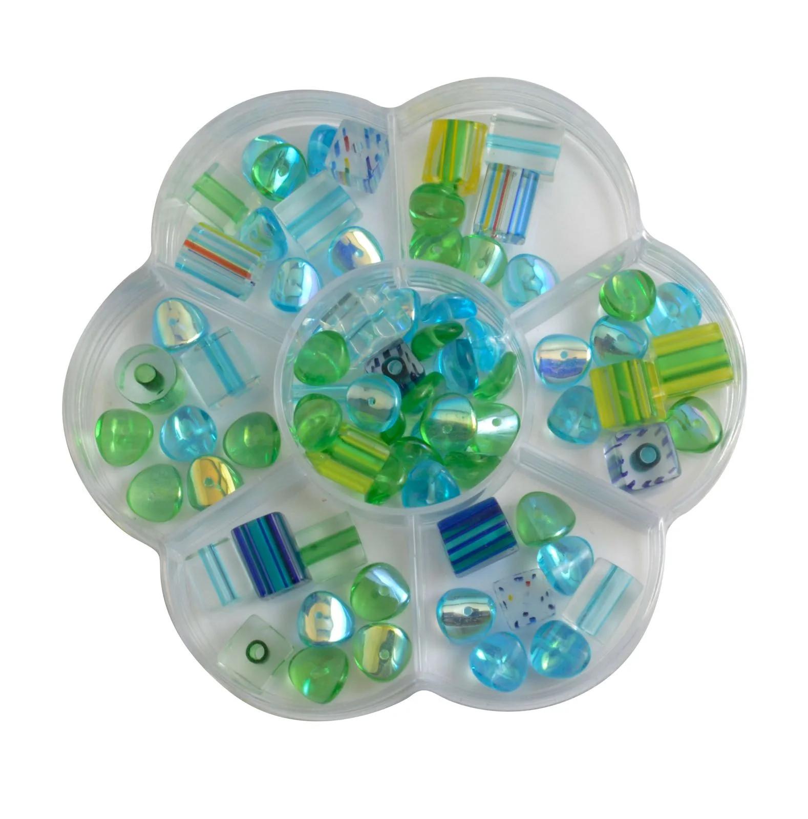Margele din sticla colorata, aproximativ 60g, in cutie de plastic floare, Green-Turquoise