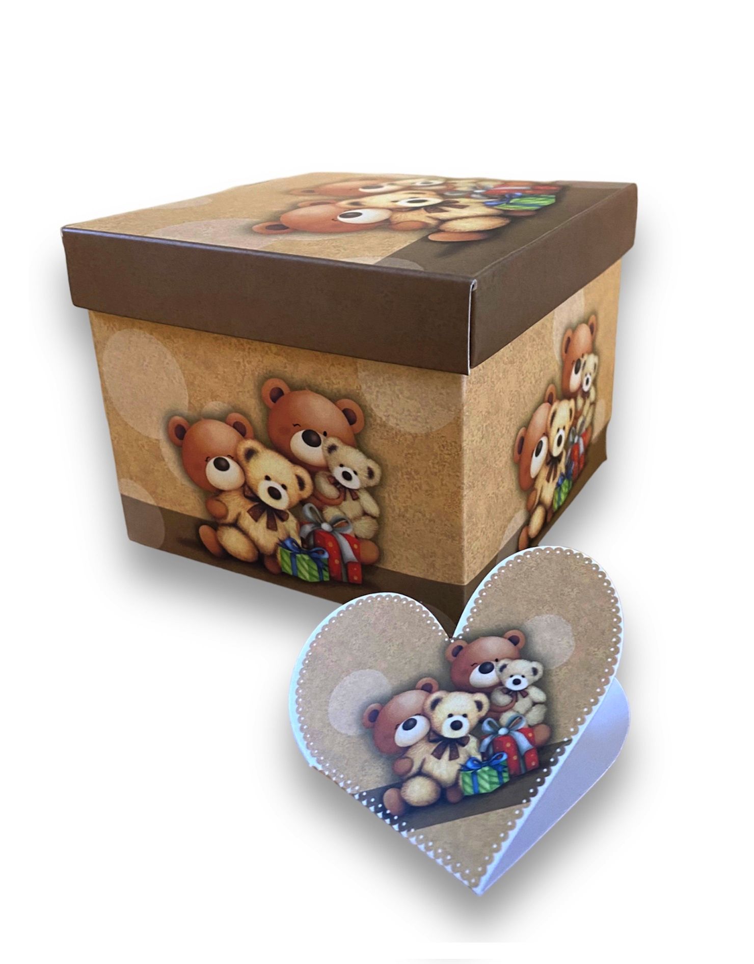 Cutie patrata din carton, ambalaj cadouri, design cu ursuleti, 10,9 x 10,9 x 8,7 cm, cod BXS 44