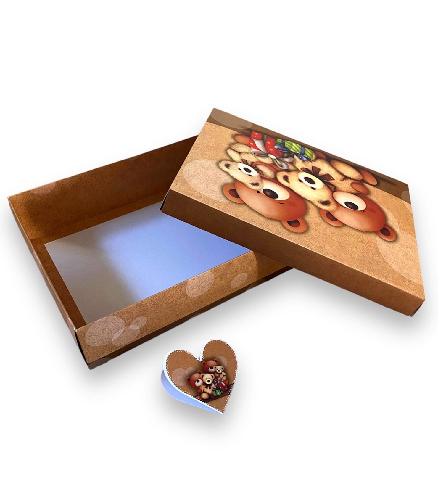 Cutie dreptunghica plata din carton, ambalaj cadouri, design cu ursuleti, 23 x 17 x 6 cm, cod BXR 230