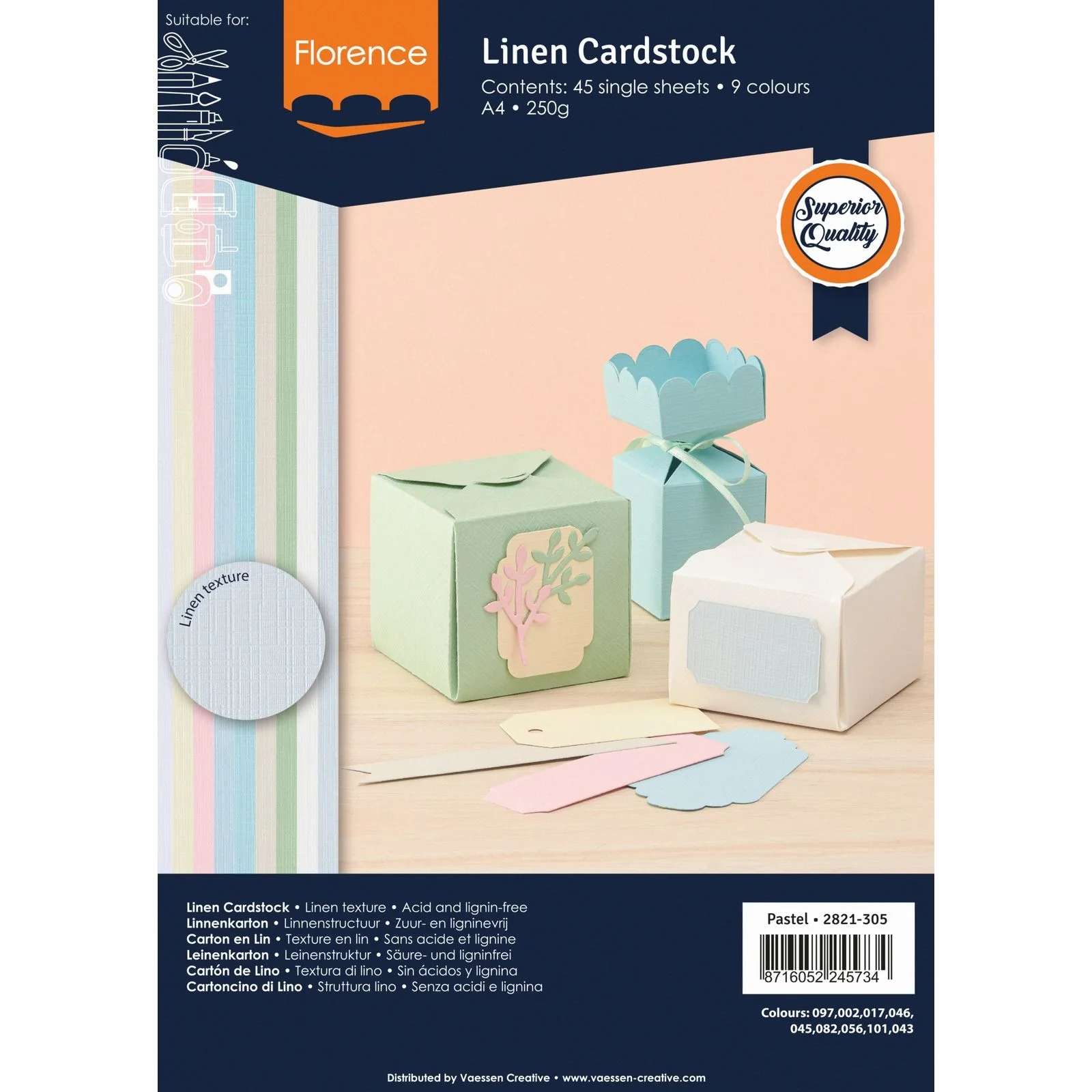 Set 45 cartoane A4 structura cu aspect de tesatura, culori pastel, 250 g, Florence Linen Cardstock Pastel 9x5