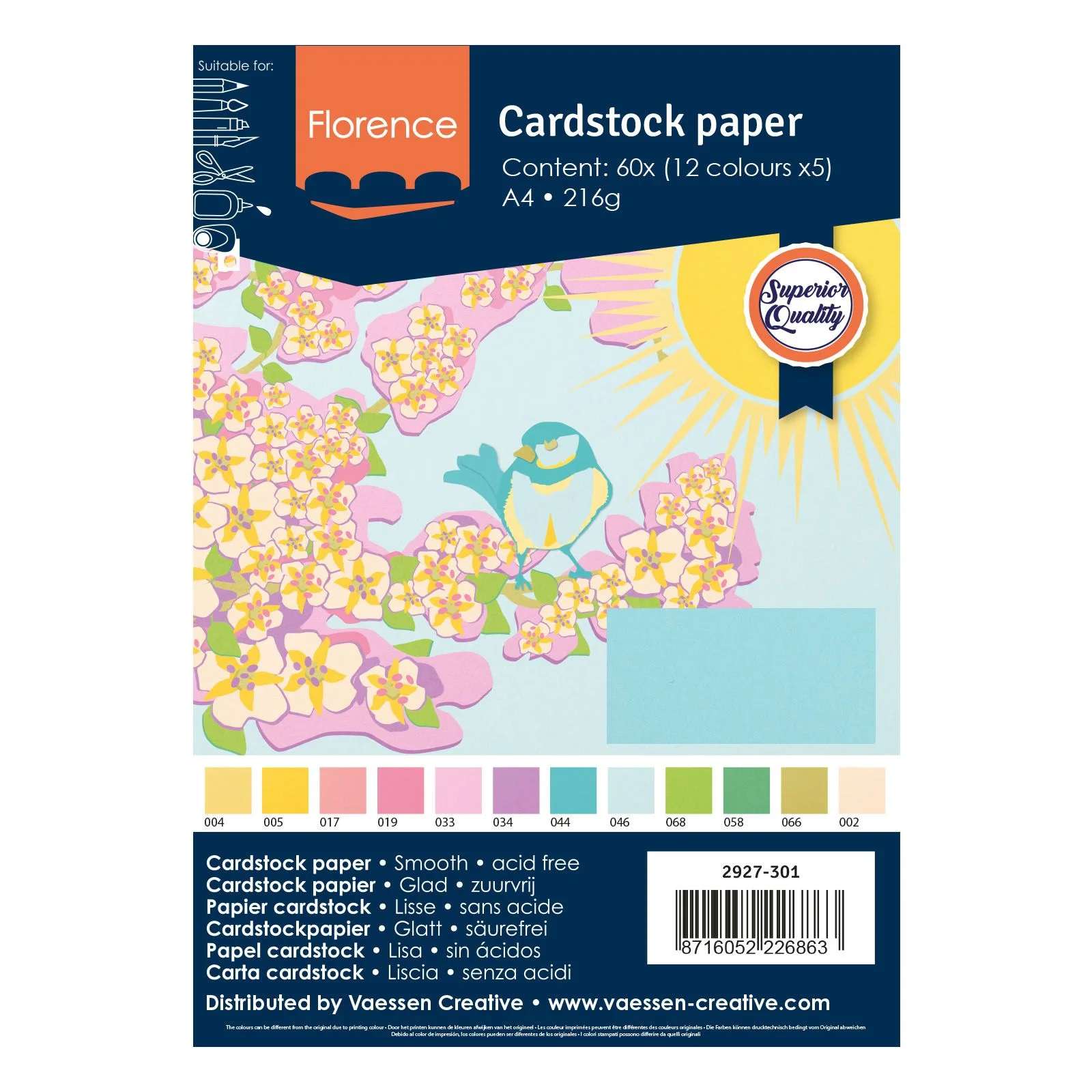 Set 60 cartoane A4, culori uni de primavara, 216 g, Florence Cardstock Paper Smooth Spring 12x5