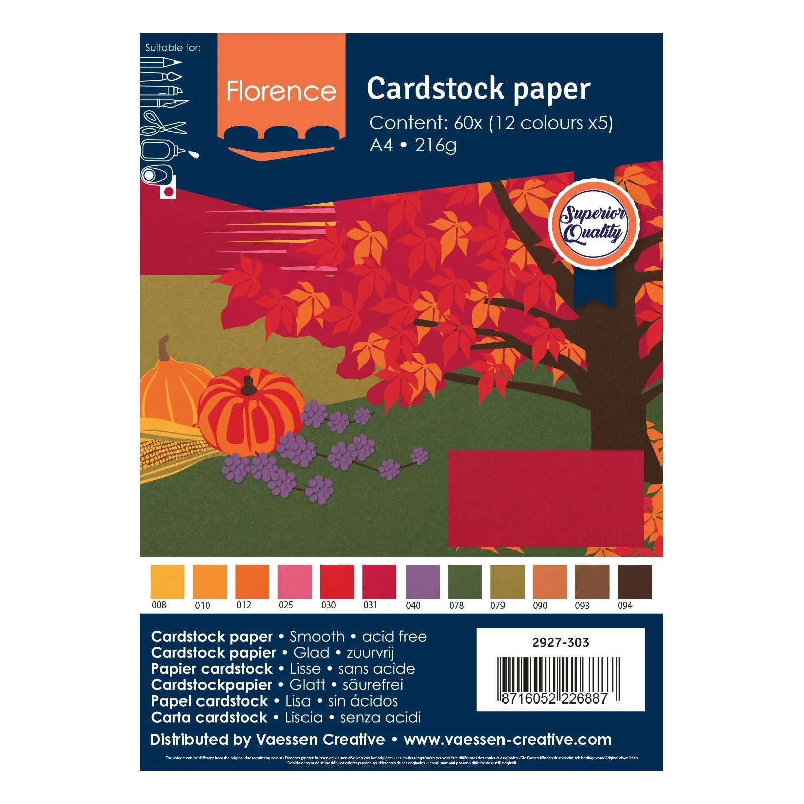 Set 60 cartoane A4, culori uni de toamna, 216 g, Florence Cardstock Paper Smooth Autumn 12x5