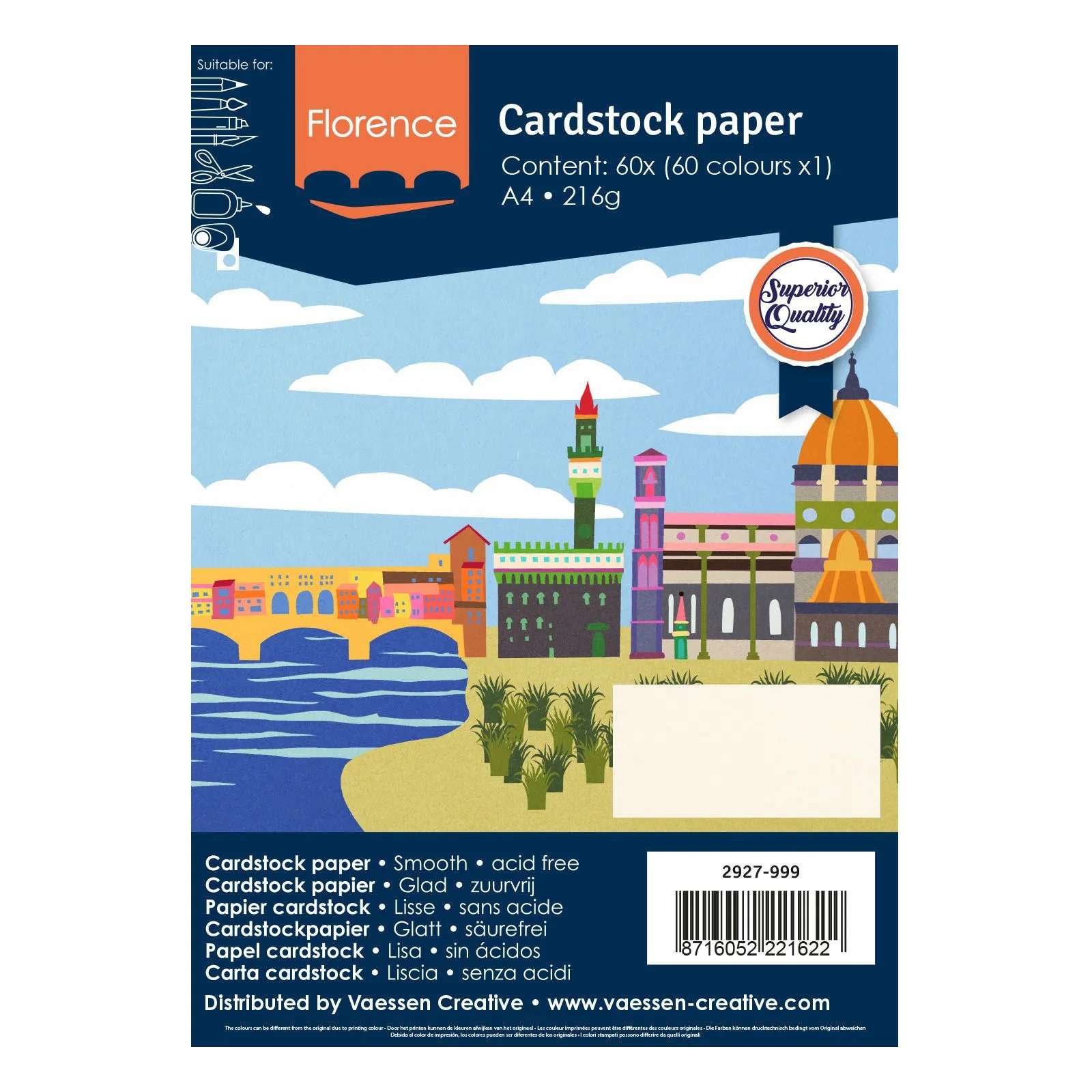 Set 60 cartoane A4, asortiment de culori uni, 216 g, Florence Cardstock Paper Smooth Multipack Assorti 12x5