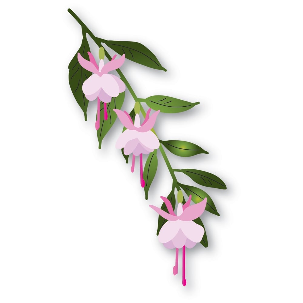 Matrita crenguta cu 3 flori fuchsia cu tulpina si frunze, Little Fuchsia Flower Trio and Branch