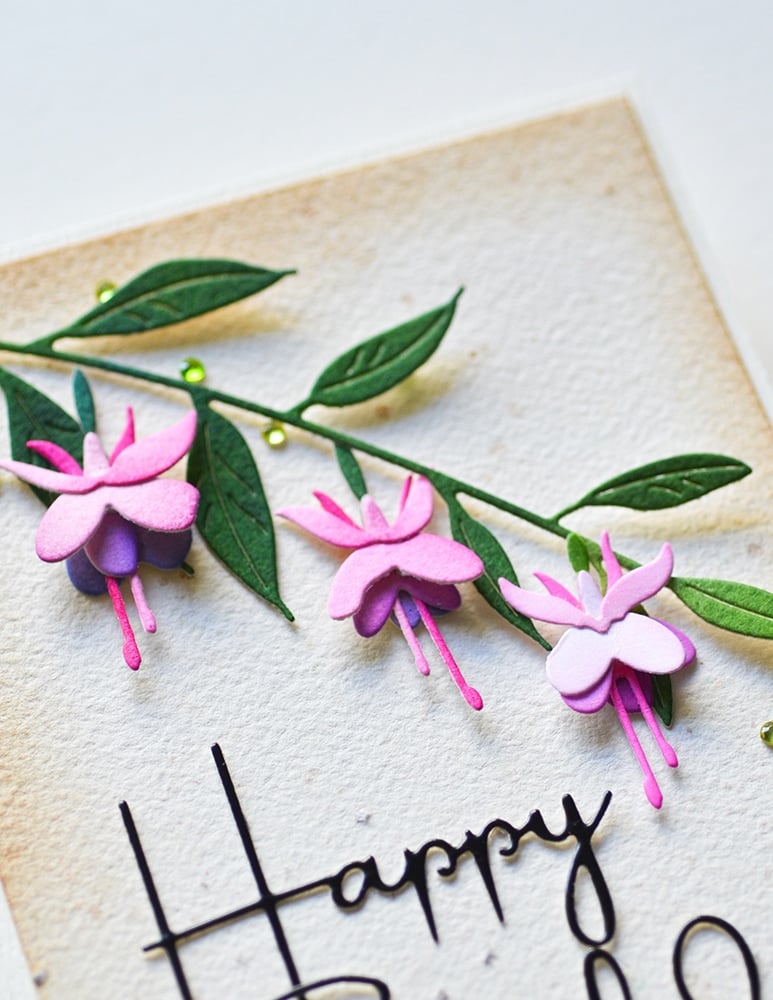 Matrita crenguta cu 3 flori fuchsia cu tulpina si frunze, Little Fuchsia Flower Trio and Branch