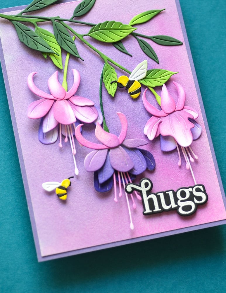 Matrita crenguta cu 3 flori fuchsia cu tulpina si frunze, Little Fuchsia Flower Trio and Branch